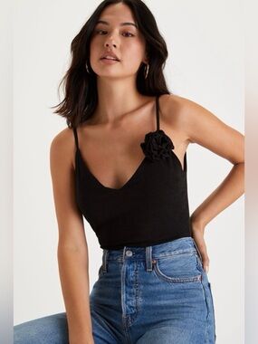 Lulus Adoring Flirt Black Bodysuit Rosette Strap Deep V Back Stretch Size M NWT